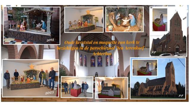 Oude kerststal en maquette van kerk opgesteld en te bezoeken in de parochiezaal Ten Arenkorf Achterbos